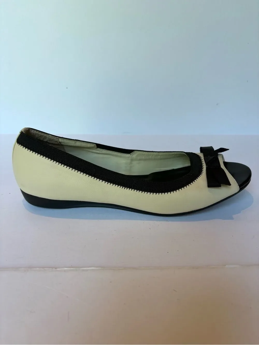 Anne Klein Sport Women's Two-Tone Black and Cream Peep-Toe Ballet Flats 9 1/2M